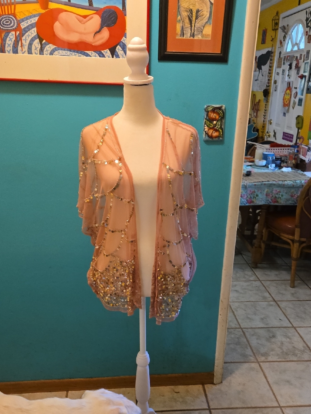Forever 21 Blush Pink Sheer Sequin Trim Kimono Style Top